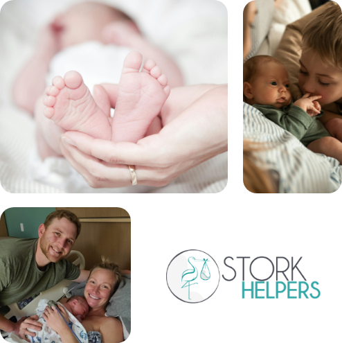 Stork Helpers logo with pictures of baby feet, family with baby, and boy with baby